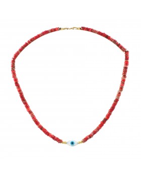 WOMEN'S NECKLACE 925 WITH RED BEADS AND MOTHER OF PEARL EVIL EYE