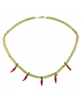 WOMEN'S NECKLACE WITH GREEN BEADS AND MURANO PEPPERS