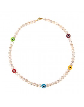 WOMEN'S NECKLACE WITH PEARLS AND MULTICOLORED EVIL EYES