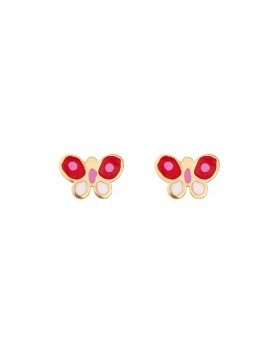 GIRLS RED - WHITE BUTTERFLY EARRINGS SOLID GOLD 14K